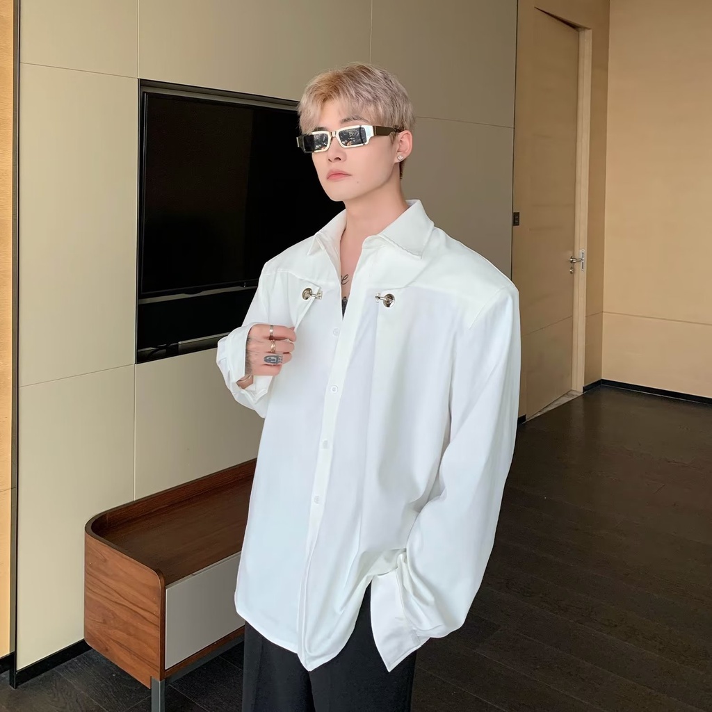 Áo Sơ Mi Nam Dáng Rộng Thiết Kế Kim Loại Phong Cách Hàn Quốc Mới Dễ Phối Đồ