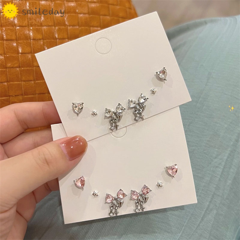 Set 3 Đôi Bông Tai Hình Nơ / Trái Tim Đính Đá Phong Cách Thanh Lịch Dành Cho Nữ