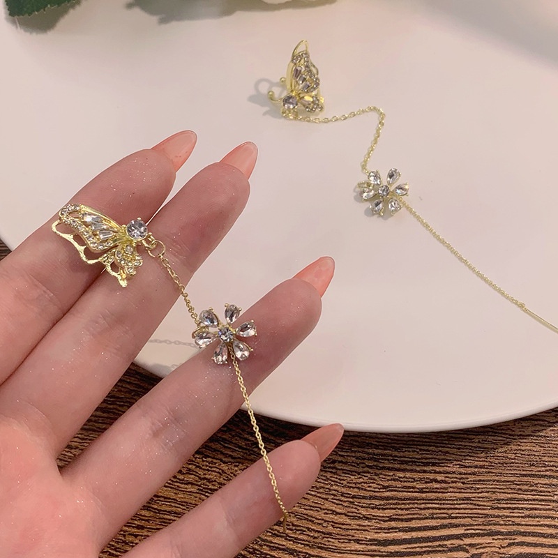 Sáng bóng zircon bướm tai cuff màu vàng tua kẹp trên bông tai cho phụ nữ phong cách hàn quốc bông tai hoa không xỏ khuyên trang sức ryvn