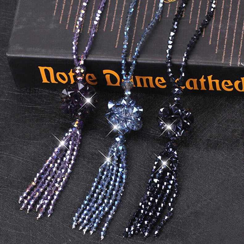 Boho Pendant Beaded Long Statement Necklace Sparkly Crystal Bead Sweater Chain