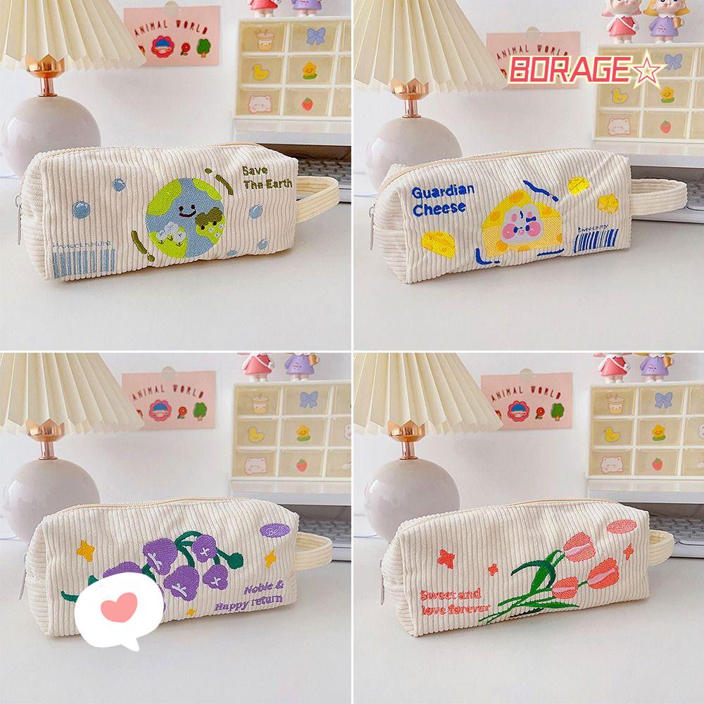 BORAG Túi Đựng Bút Đa Năng Có Khóa Kéo Thêu Hoa Dễ Thương