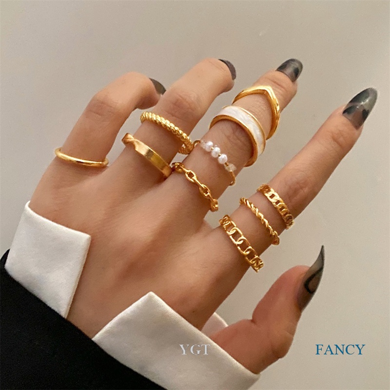 Ygt Bộ Nhẫn Đeo Khớp Ngón Tay Bản Rộng Họa Tiết Hình Học Bướm Vintage Boho Màu Vàng Cho Nữ