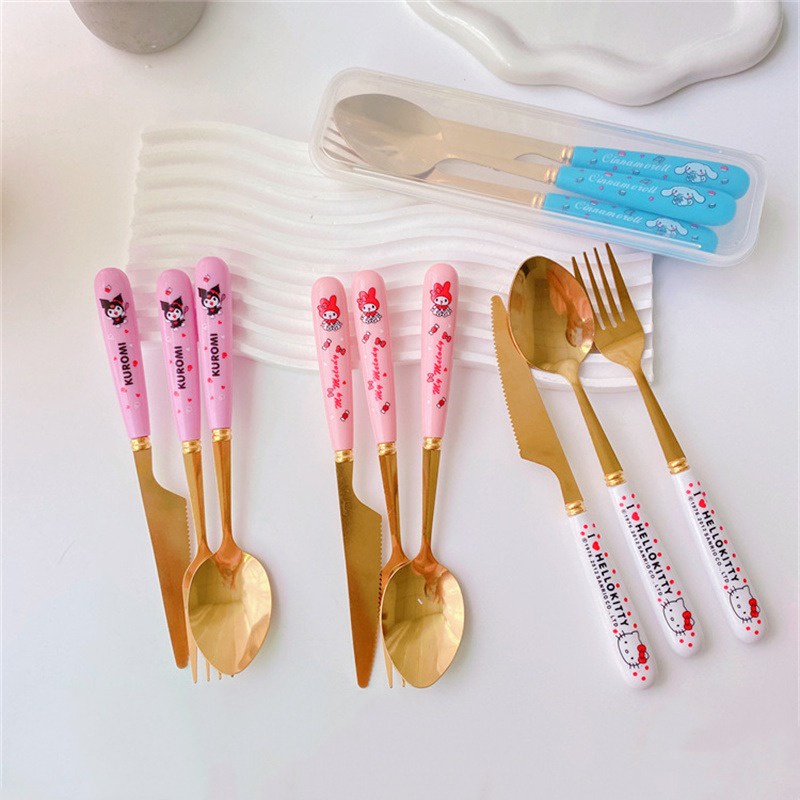 SANRIO Bộ Dụng Cụ Ăn Uống Hình Hello Kitty Kuromi My Melody Dễ Thương Cho Bé
