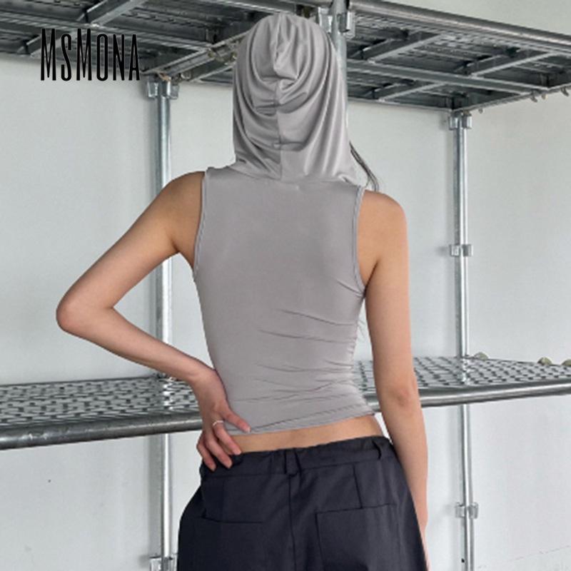 Áo Thể Thao Sát Nách Ôm Dáng Cổ Tròn Xếp Ly Màu Trơn Đa Năng Có Nón Đường Phố Cho Nữ