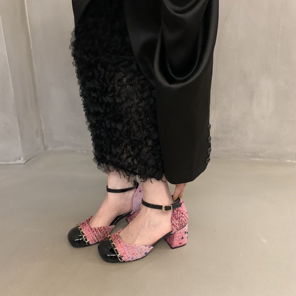 Giày Sandal Cao Gót Vải Len Đế Thô Cài Khóa Thời Trang 2023 Dành Cho Nữ