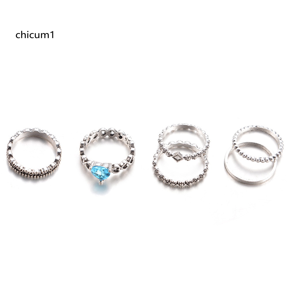 Set 6 Nhẫn Đốt Ngón Tay Nhiều Kiểu Đính Đá Pha Lê Hình Trái Tim Phong Cách Boho
