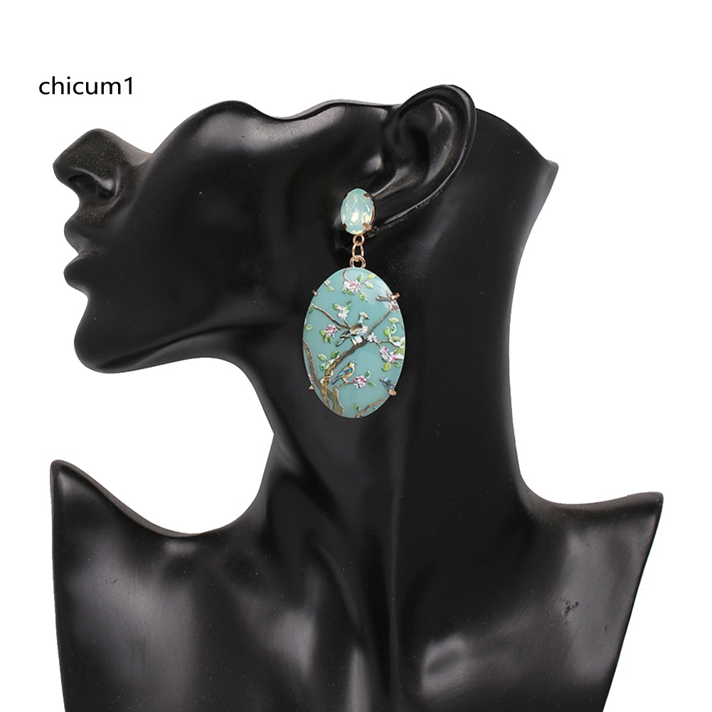 Khuyên Tai Hình Oval Họa Tiết Hoa Vẽ Tay Phong Cách Cổ Điển Cho Nữ