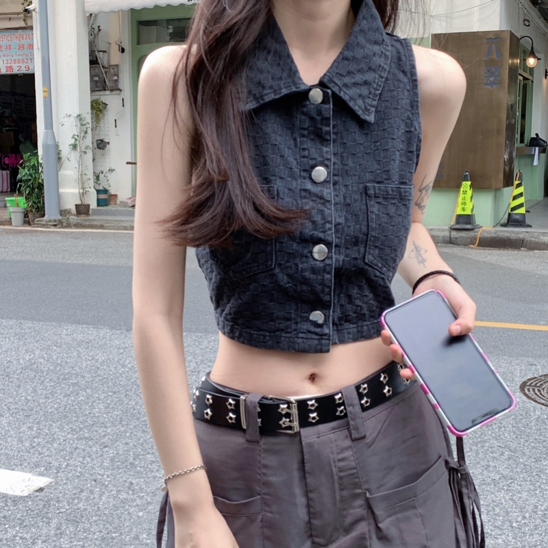 Áo Croptop Denim Không Tay Phong Cách Hàn Quốc Dành Cho Nữ