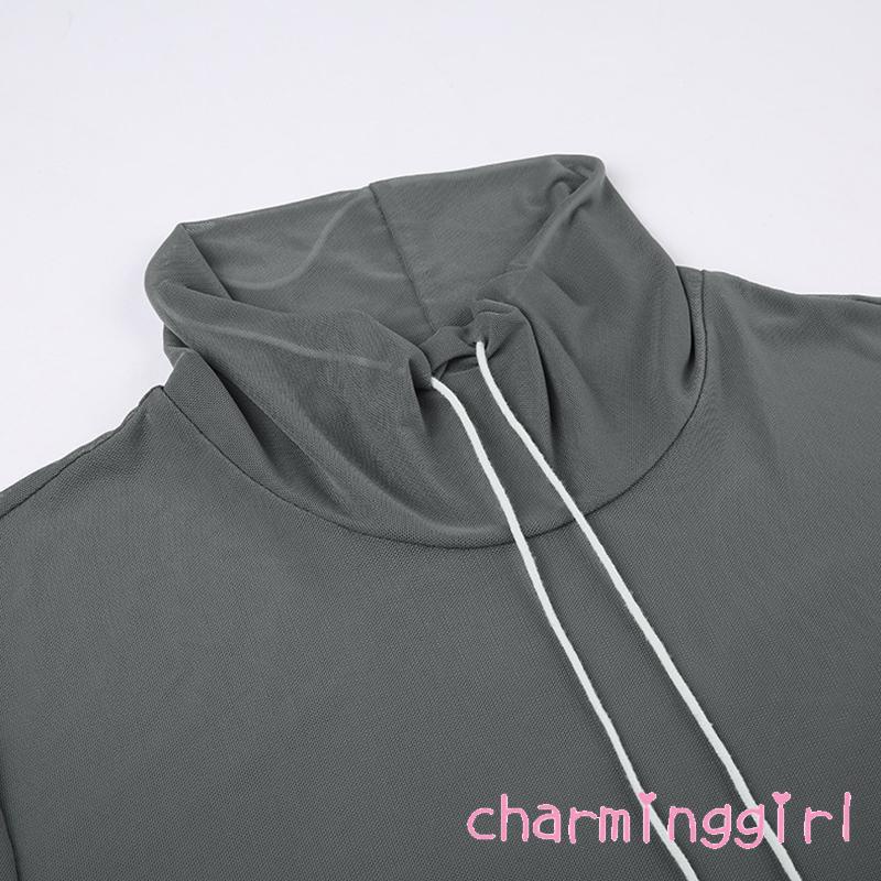 Áo Thun Xám Tay Dài Chống Nắng Có Dây Rút Dùng Khi Chạy Bộ / Leo Núi Cho Nữ