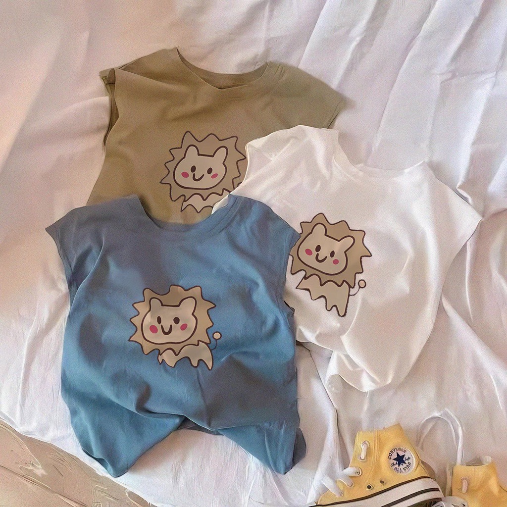 Áo Thun Cotton Không Tay Cổ Tròn In Họa Tiết Hoạt Hình Phong Cách Hàn Quốc Dành Cho Bé Trai Gái