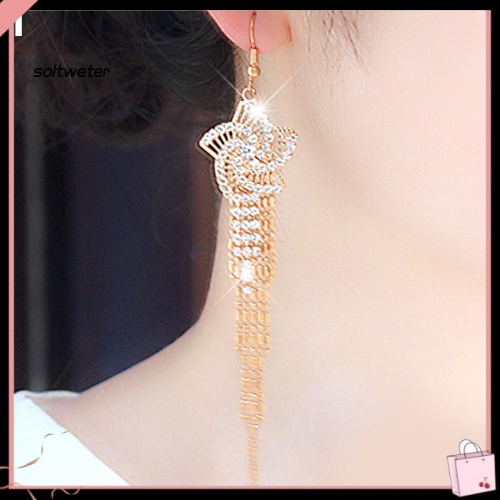 Bông Tai Dáng Dài Hình Hoa Bằng Hợp Kim Đính Đá Phối Tua Rua Thời Trang Cho Nữ