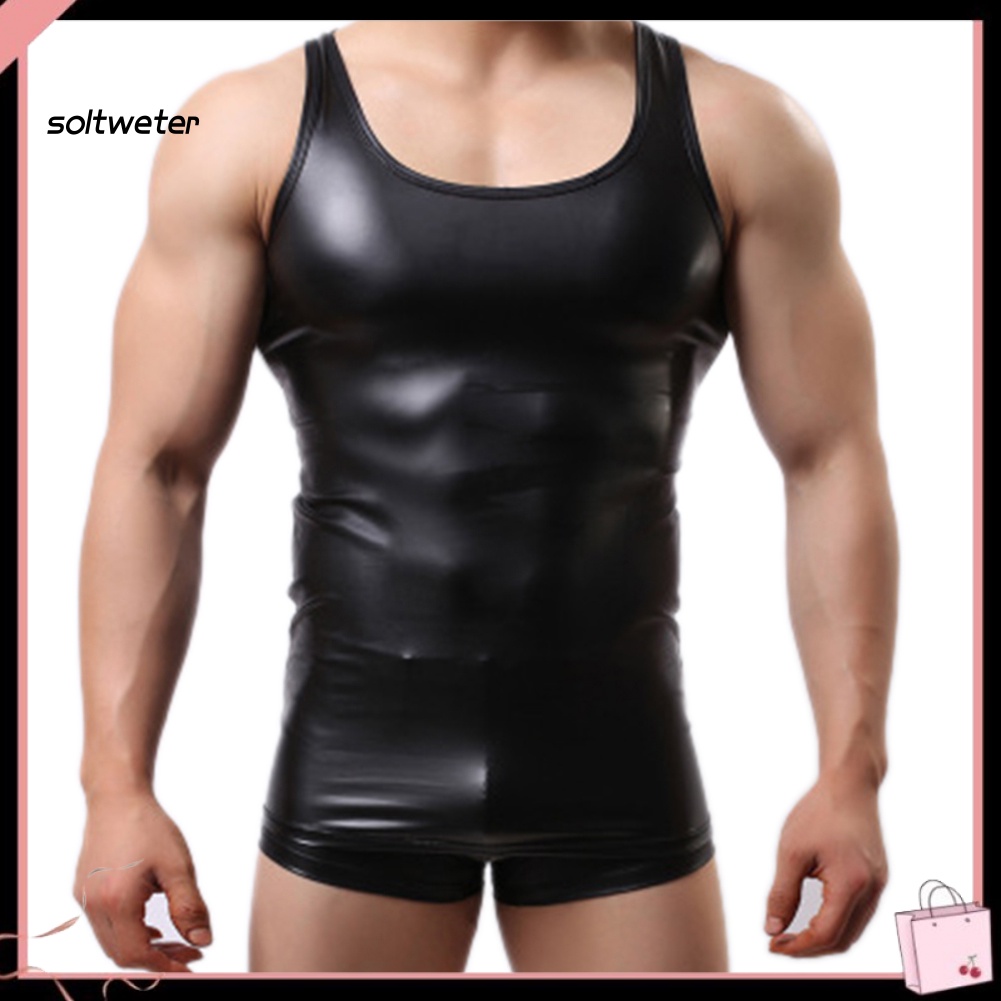 Áo Ba Lỗ Tập Gym Giả Da Màu Trơn Cổ Khoét Sâu Gợi Cảm Cho Nam