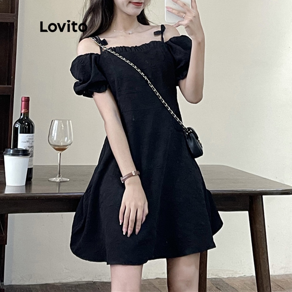 Lovito Đầm mini chữ A ngắn tay họa tiết bướm đơn giản dành cho nữ LNE09068 (Đen)