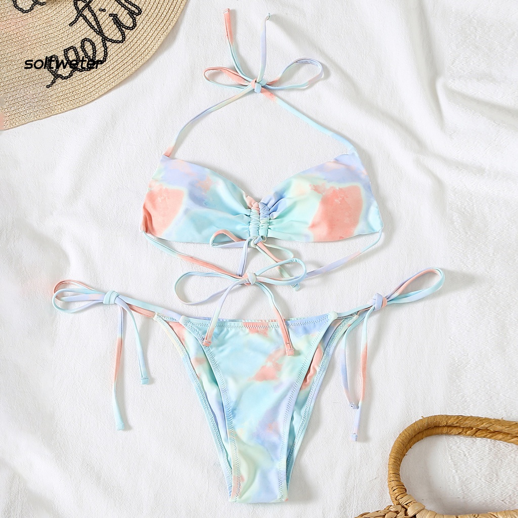 Bộ Đồ Bơi Bikini 3 Món Gồm Áo Hai Dây Và Chân Váy Lưới In Họa Tiết Màu Nhuộm Có Thể Điều Chỉnh Cho Nữ