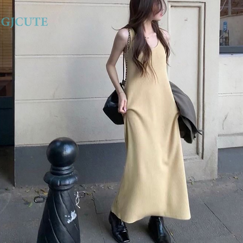 Đầm Dài Đến Mắt Cá Chân Không Tay Màu Trơn Thanh Lịch Dành Cho Nữ