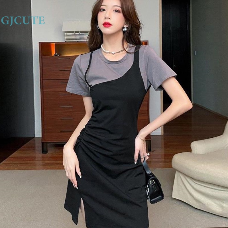 Áo Thun Ngắn Tay Giả Hai Lớp Phối Váy Ngắn Thời Trang Mùa Hè Cho Nữ