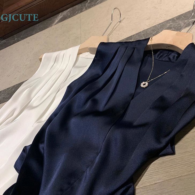 Áo Sơ Mi Chiffon Không Tay Cổ Chữ V Màu Trắng Thanh Lịch Cho Nữ