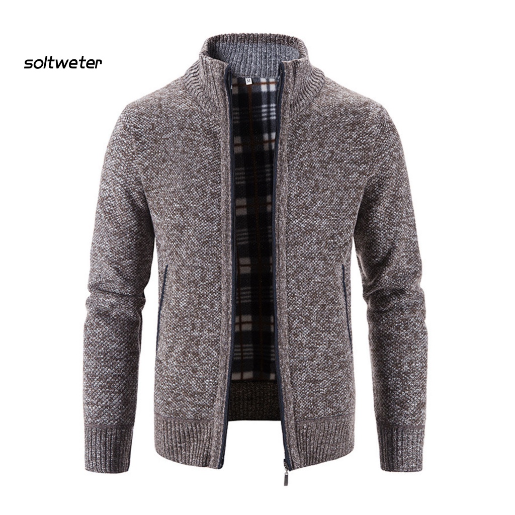 St Áo Khoác Sweater Dệt Kim Tay Dài Lót Lông Cừu Màu Trơn Viền Gân Có Khóa Kéo Thời Trang Thu Đông Cho Nam