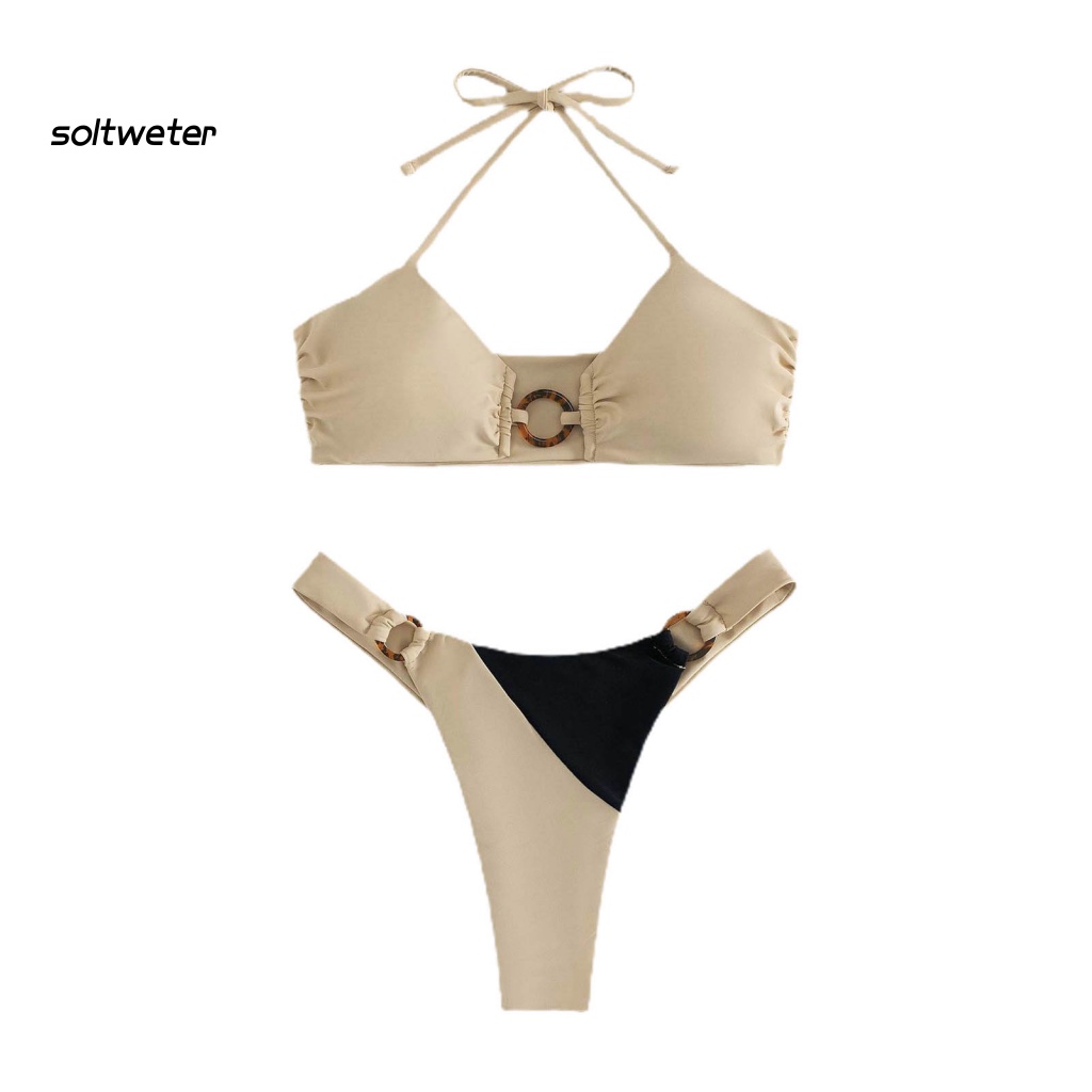 Bộ Đồ Bơi 2 Mảnh Mùa Hè Gồm Áo Cổ Yếm Cạp Cao Hở Lưng Cột Dây Màu Sắc Tương Phản Cho Nữ