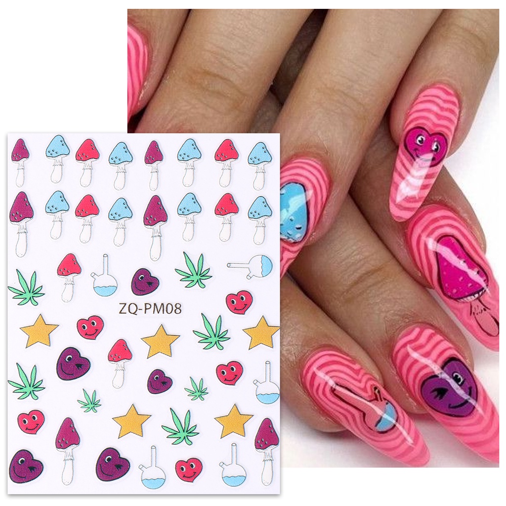 Miếng Dán Trang Trí Móng Tay In Chữ Tiếng Anh Flying Saucer Love Nấm Dopamine Màu Sắc Mùa Hè Y2K