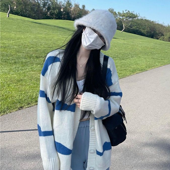 Áo Khoác Cardigan Dáng Rộng Họa Tiết Kẻ Sọc Thời Trang Cho Nữ