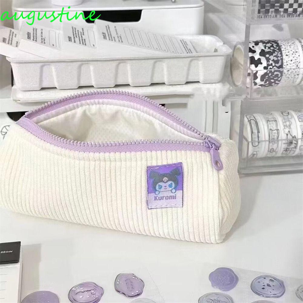 AUGUSTINE Túi Đựng Bút Chì Sức Chứa Lớn Bằng Nhung Kẻ In Họa Tiết Hoạt Hình Melody Dễ Thương Cho Học Sinh