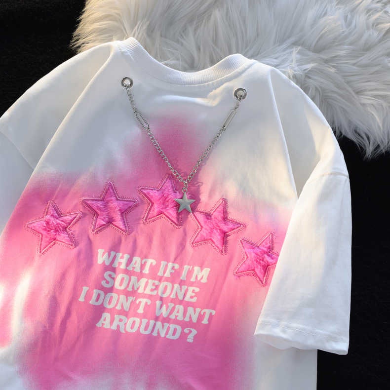 Áo Thun Tay Ngắn Thêu Hình Ngôi Sao Phối Dây Xích Phong Cách Hip Hop Thời Trang Mùa Hè Cho Nữ