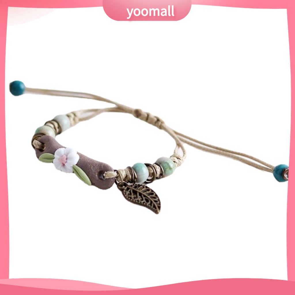 [YM] Vòng Đeo Tay Dây Bện Gắn Hạt Gốm Lá Rỗng Có Thể Điều Chỉnh Làm Quà Tặng Trang Sức Thời Trang Cho Nữ Sinh