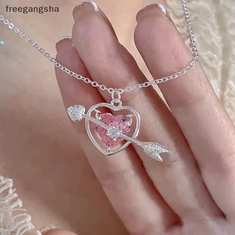 [FREG] Fashion Pink diamond An Arrow Pierces The Heart Pendant Necklace Women Party Accessories Gift FDH