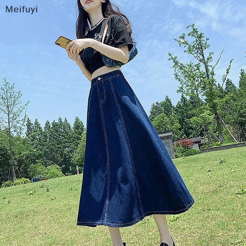 [Meifuyi] Summer High Waist Loose Skirt Women's Long Skirt Denim Umbrella Skirt COD
