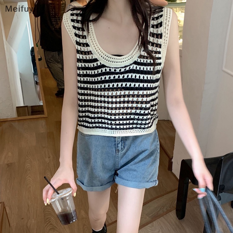 [Meifuyi] Summer Stripe Hollow Out Knitted Camisole Women Round Neck Sleeveless Loose Top COD