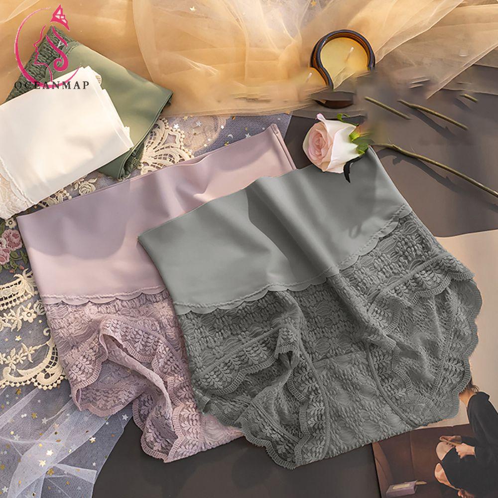 OCEANMAP Quần Lót Cotton Lưng Cao Phối Ren Quyến Rũ Cho Nữ