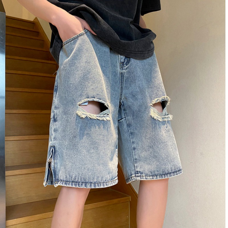 Quần Short Denim Dáng Rộng Rách Gối Phong Cách Đường Phố Mỹ Mùa Hè Cho Nam