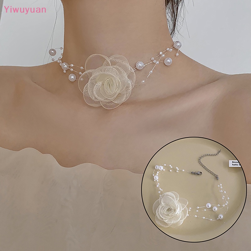 < Yiwuyuan > Vòng Cổ Choker Hoa Trà Đen Trắng Lãng Mạn Mùa Hè Đính Ngọc Trai Và Hoa Vải Cho Nữ Mới