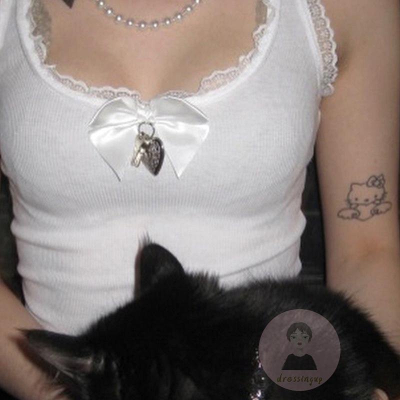 Áo Croptop Sát Nách Phối Ren Thắt Nơ Trước Ngực Thời Trang Mùa Hè Cho Nữ