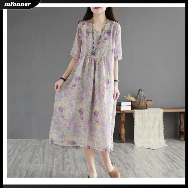 Đầm Midi Tay Ngắn Eo Cao In Họa Tiết Hoa Phong Cách Dân Tộc Cổ Điển Thời Trang Mùa Hè Cho Nữ