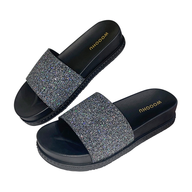 Dép Xỏ Ngón Đế Phẳng Màu Trơn Đính Kim Sa Lấp Lánh Thời Trang Mùa Hè Dành Cho Bạn Nữ Mang Trong Nhà / Đi Biển