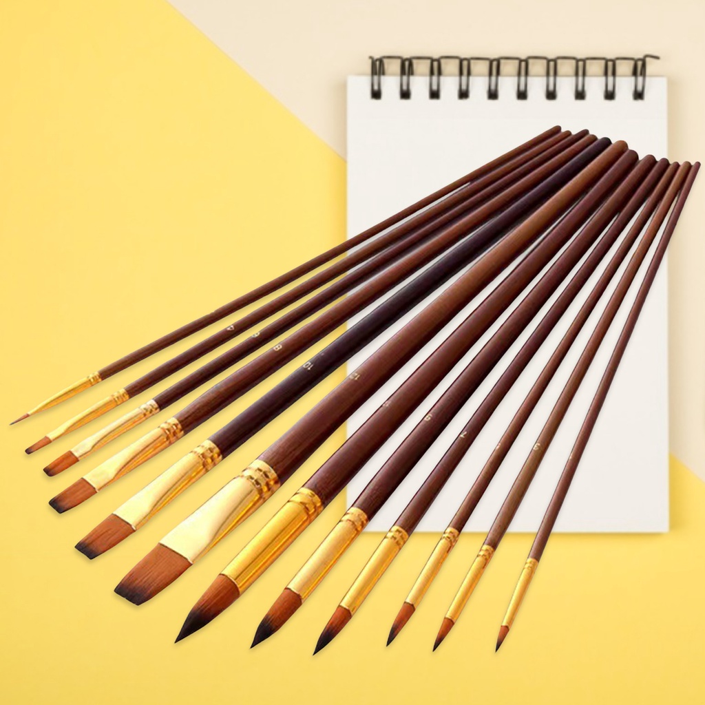 Set 12 Cọ Vẽ Màu Nước Sợi Nylon Tay Cầm Bằng Gỗ Tiện Dụng Cho Học Sinh