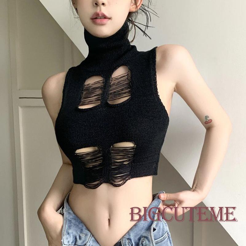 Áo Croptop Dệt Kim Sát Nách Cổ Lọ Màu Trơn Thời Trang Mùa Hè Cho Nữ