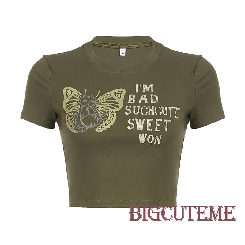 Áo Thun Crop Top Tay Ngắn In Họa Tiết Bướm Và Chữ Phong Cách Đường Phố Thời Trang Mùa Hè Cho Nữ