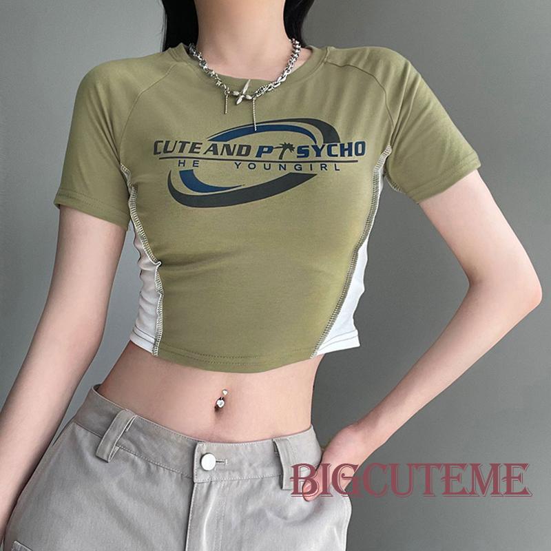 Áo Croptop Tay Ngắn Cổ Tròn In Chữ Màu Sắc Tương Phản Thời Trang Mùa Hè Xinh Xắn Cho Bé Gái