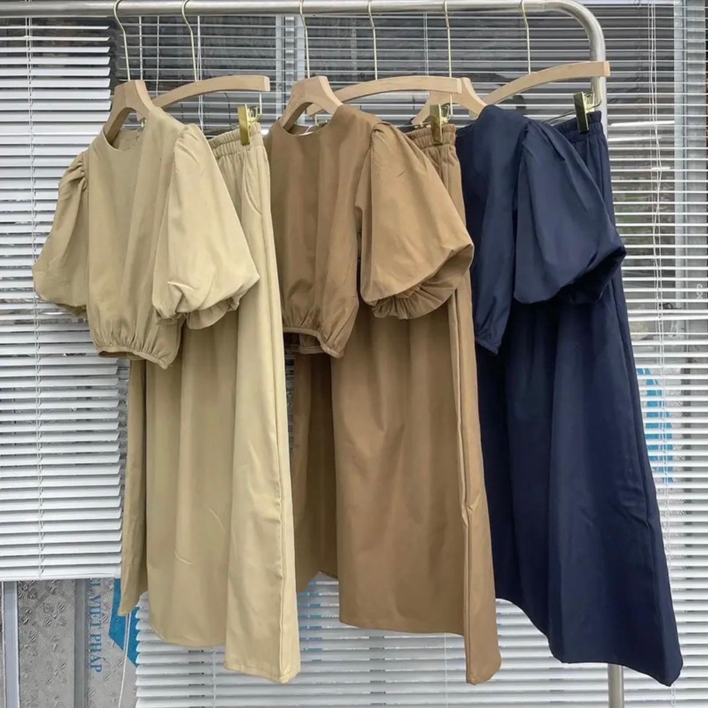 Set thô mềm áo Croptop tay bồng kèm chân váy xoè dáng dài Tấm Clothes