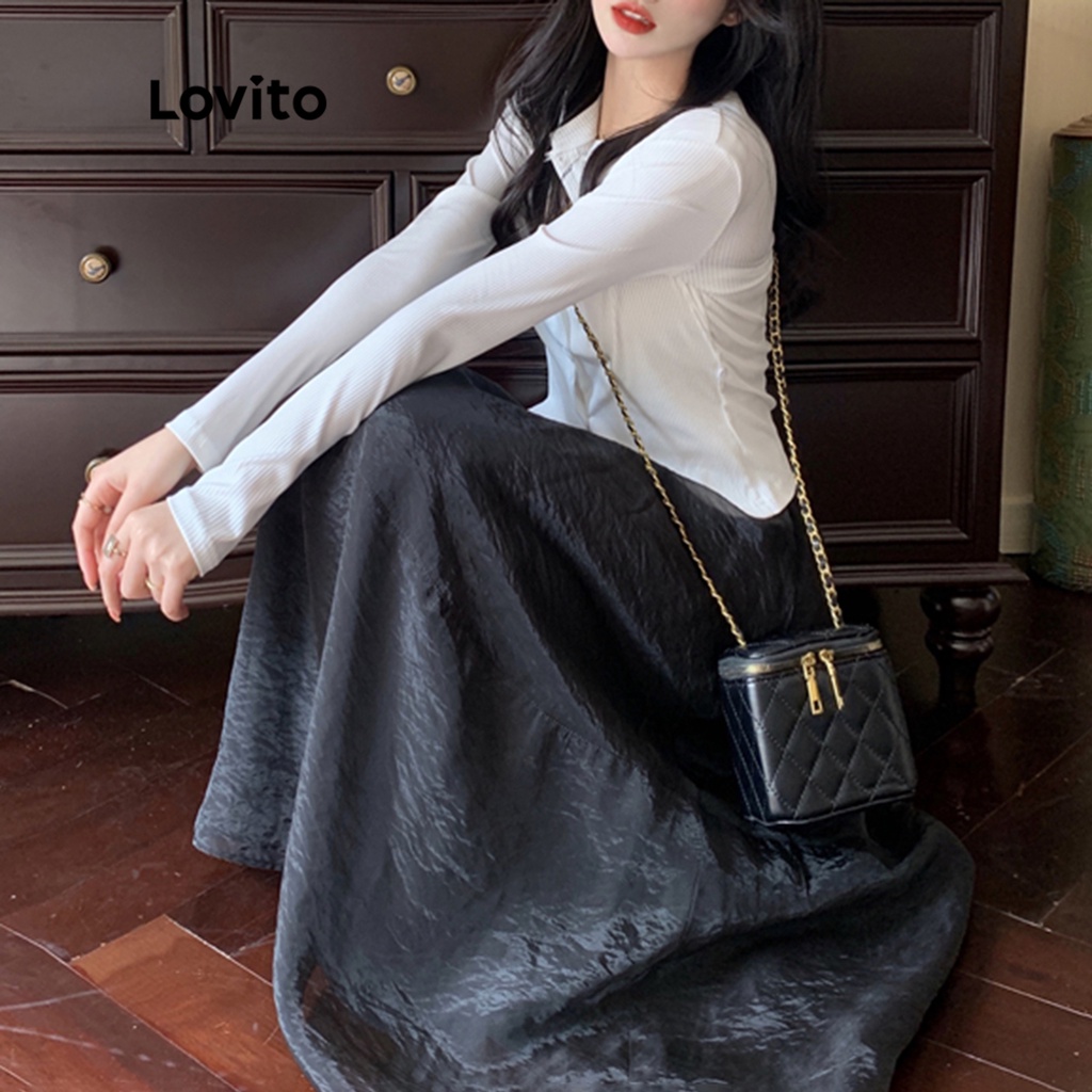 Lovito Váy maxi chữ A phối lưới màu tương phản đơn giản cho nữ LNE15117 (Đen)