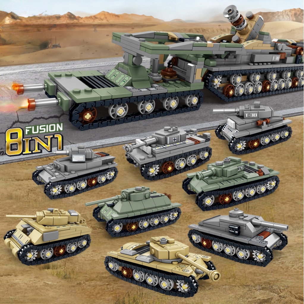 Set 1475 Mô Hình Xe Tăng MOC WW2 8 Trong 1 Karl Cannon T34 T38 Stug Tiger M4 Sherman M26 KV1 Mới