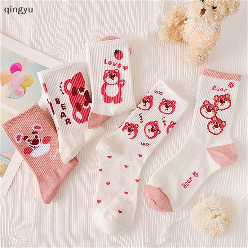 Mới Vớ Cổ Trung Họa Tiết Gấu Và Dâu Tây Hoạt Hình Phong Cách Hàn Quốc Dễ Thương Dành Cho