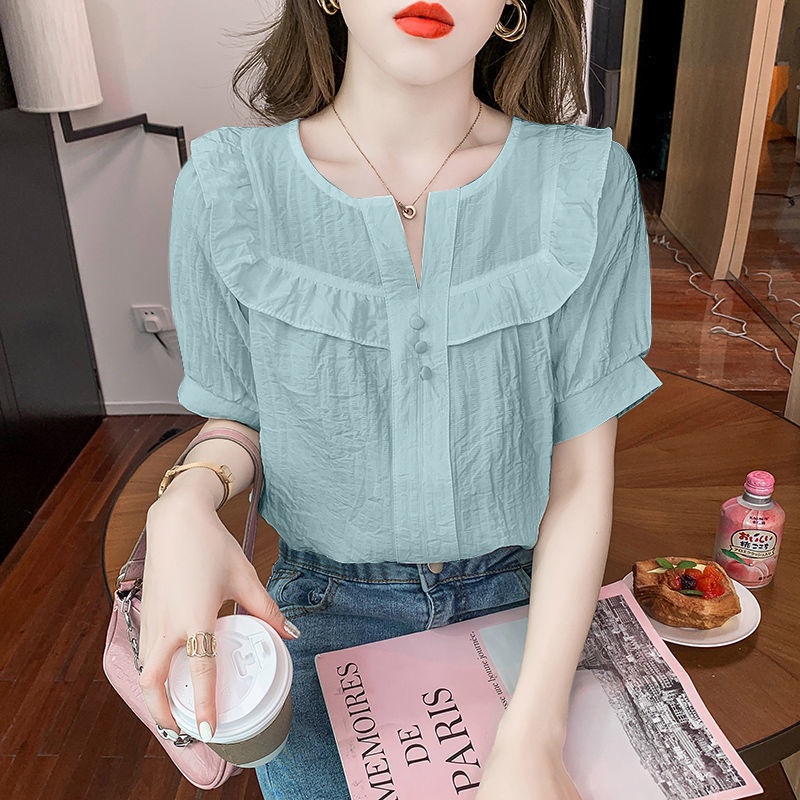 Áo Thun Cotton Mỏng Tay Ngắn Viền Bèo Dáng Rộng Che Bụng Thời Trang Mùa Hè Kiểu Mới Cho Nữ