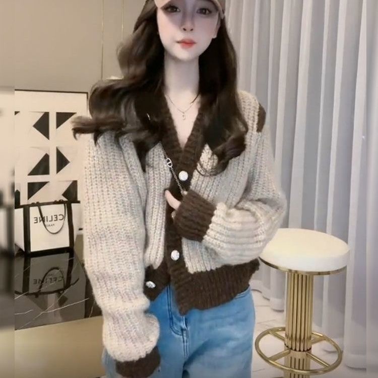 Áo Khoác Cardigan Dệt Kim Dáng Rộng Phối Màu Tương Phản Trẻ Trung Phong Cách Hàn Quốc