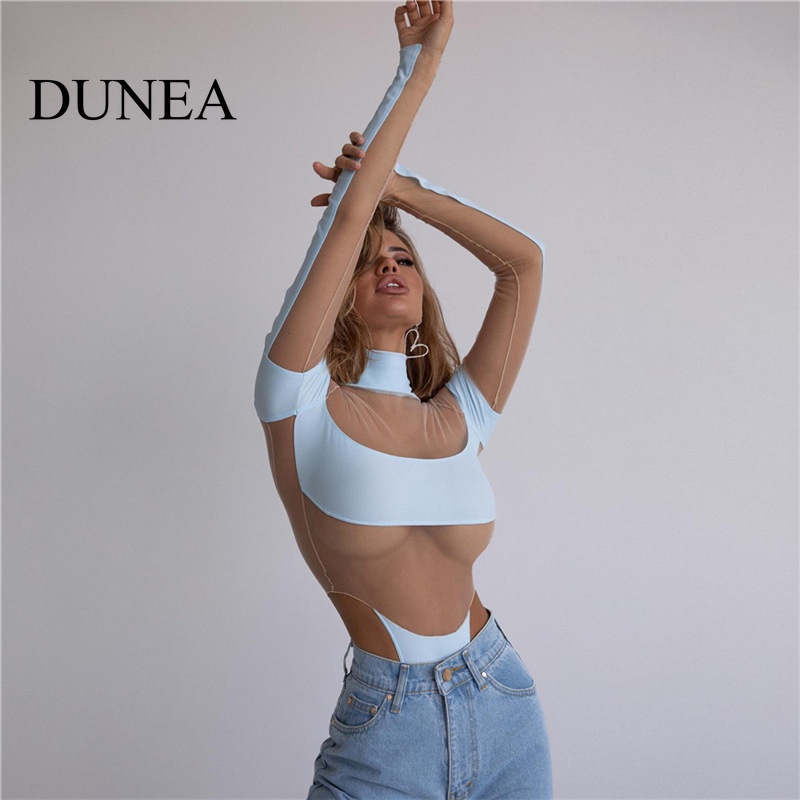 Bộ Áo Liền Quần Phối Lưới Xuyên Thấu Màu Sắc Tương Phản Quyến Rũ Cho Nữ