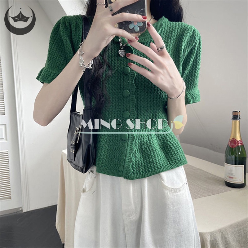 Áo Thun Ngắn Tay Phối Bèo Màu Trơn Phong Cách Vintage Cho Nữ