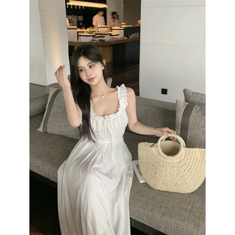 Đầm Dây Rút Xếp Ly Cổ Chữ U Thời Trang Mùa Hè Mới Dành Cho Nữ